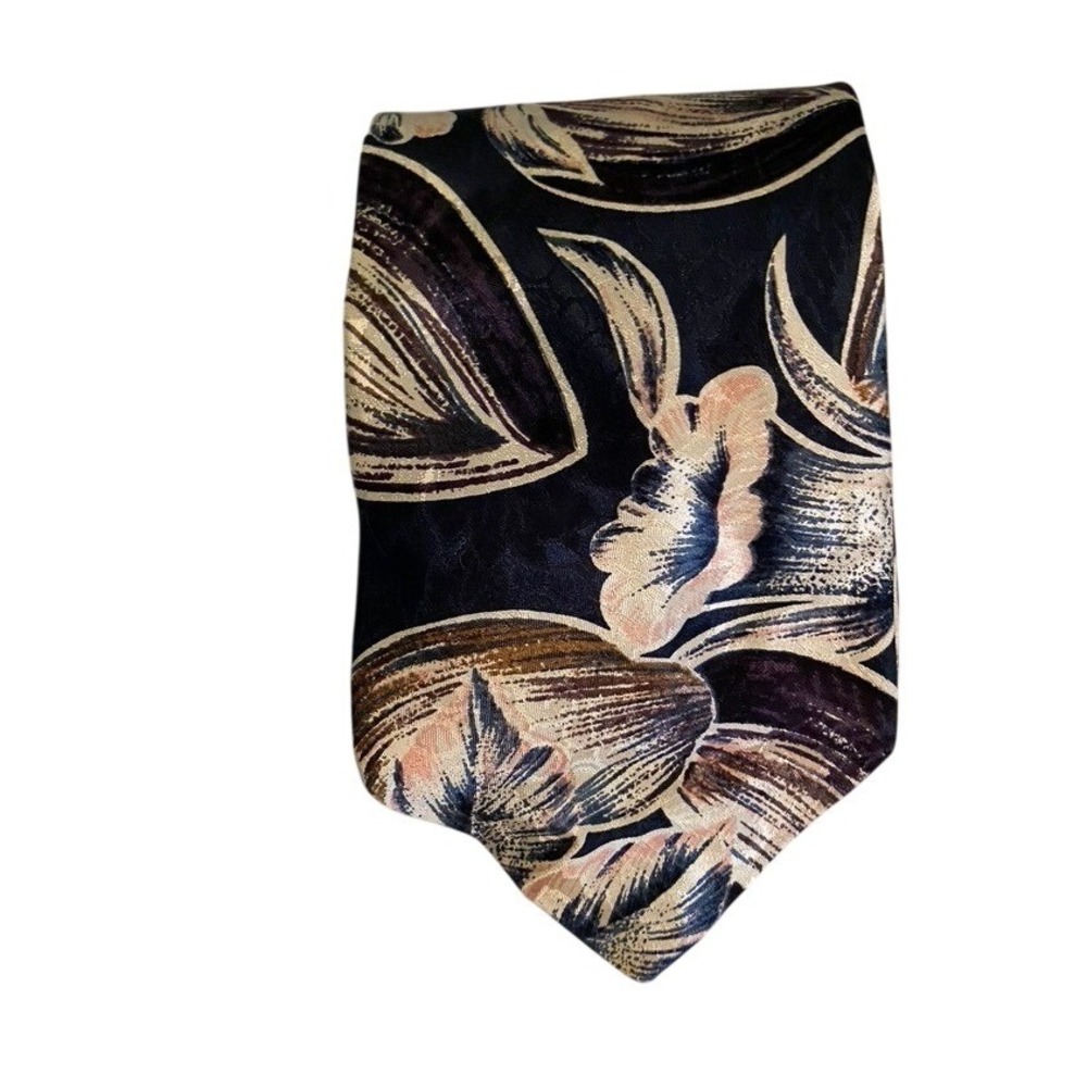 Viaggio Mens Silk Necktie Navy Blue Tan Floral Botanical Print Wide Tie 4 Inch